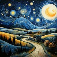 illustration childrens book night landscape stars village moon fantasy poster cartoon artwork photo