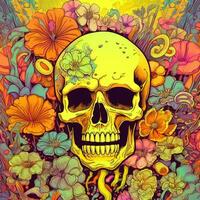 skull flowers mystery illustration yellow spooky abstract poster surreal dreamy art tattoo photo