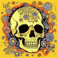 skull flowers mystery illustration yellow spooky abstract poster surreal dreamy art tattoo photo