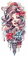 tatuaje diseño mujer niña flores retro estilo ilustración clipart póster bosquejo glamour gráfico foto