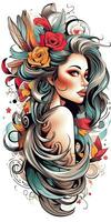 tatuaje diseño mujer niña flores retro estilo ilustración clipart póster bosquejo glamour gráfico foto