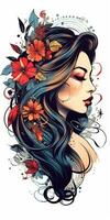 tatuaje diseño mujer niña flores retro estilo ilustración clipart póster bosquejo glamour gráfico foto