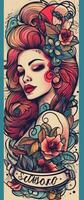 tatuaje diseño mujer niña flores retro estilo ilustración clipart póster bosquejo glamour gráfico foto