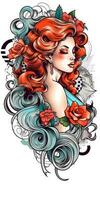 tatuaje diseño mujer niña flores retro estilo ilustración clipart póster bosquejo glamour gráfico foto