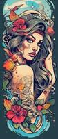 tatuaje diseño mujer niña flores retro estilo ilustración clipart póster bosquejo glamour gráfico foto