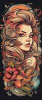 tattoo design woman girl flowers retro style illustration clipart poster sketch glamour graphic photo