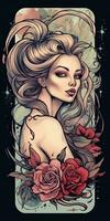 tatuaje diseño mujer niña flores retro estilo ilustración clipart póster bosquejo glamour gráfico foto