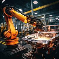 robot arm assembly machine factory workshop sparks photo manufacturing automated production