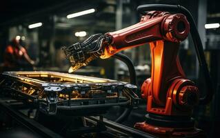 robot arm assembly machine factory workshop sparks photo manufacturing automated production