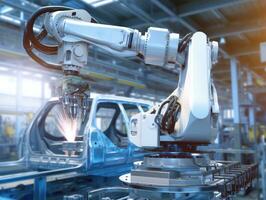 robot arm assembly machine factory workshop sparks photo manufacturing automated production