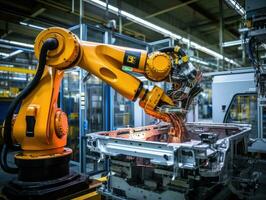 robot arm assembly machine factory workshop sparks photo manufacturing automated production
