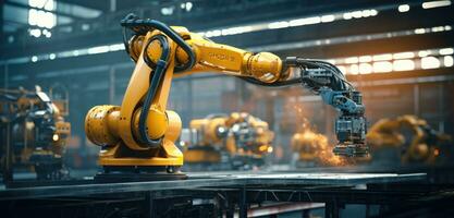 robot arm assembly machine factory workshop sparks photo manufacturing automated production