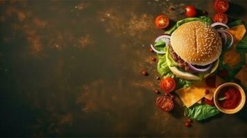 burger fry souse banner free space text mockup fast food top view empty professional phonography photo