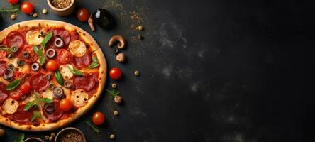 pizza pepperoni banner free space text mockup fast food top view empty professional phonography photo