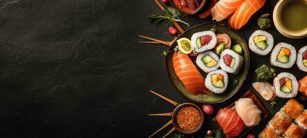 sushi rolls banner free space text mockup fast food top view empty professional phonography photo