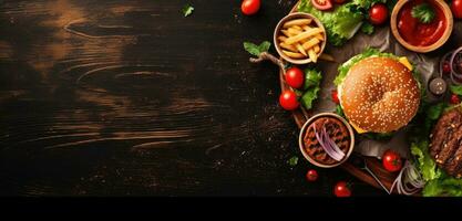 burger fry souse banner free space text mockup fast food top view empty professional phonography photo