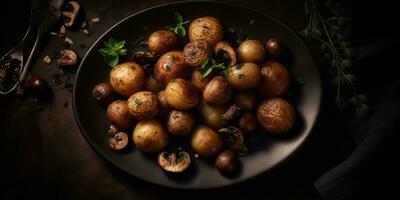 fried potatoes mushrooms professional studio food photography social media fabric hot modern ad photo