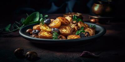 fried potatoes mushrooms professional studio food photography social media fabric hot modern ad photo