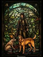 hunter dogs stained glass window mosaic religious collage artwork retro vintage textured photo