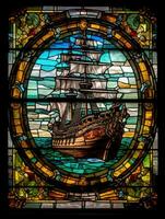 ship sea stained glass window mosaic religious collage artwork retro vintage textured religion photo