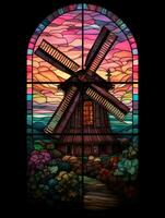 wind mill stained glass window mosaic religious collage artwork retro vintage textured religion photo
