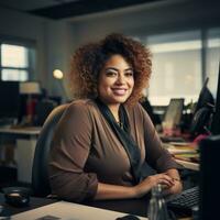 plus size happy curvy black woman manager modern office successful job business photo black