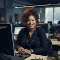 plus size happy curvy black woman manager modern office successful job business photo black