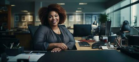 plus size happy curvy black woman manager modern office successful job business photo black