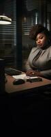 plus size happy curvy black woman manager modern office successful job business photo black