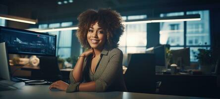 plus size happy curvy black woman manager modern office successful job business photo black