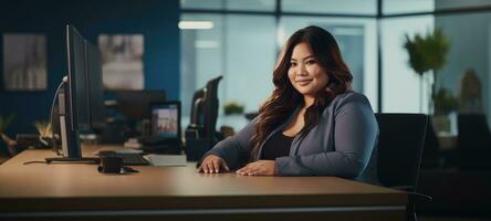 east asian plus size happy curvy manager modern office successful job ceo business woman photo