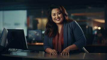 east asian plus size happy curvy manager modern office successful job ceo business woman photo