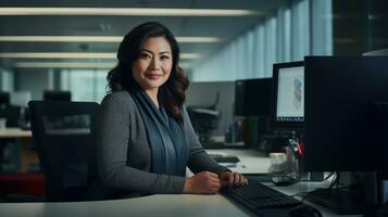 east asian plus size happy curvy manager modern office successful job ceo business woman photo