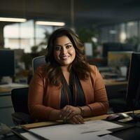 indian plus size happy curvy manager modern office successful job ceo business woman photo