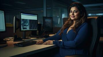 indian plus size happy curvy manager modern office successful job ceo business woman photo