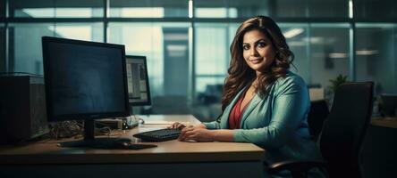 indian plus size happy curvy manager modern office successful job ceo business woman photo