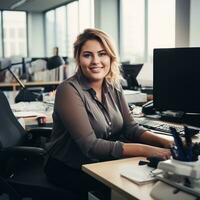 woman Caucasian plus size happy curvy manager modern office successful job business photo