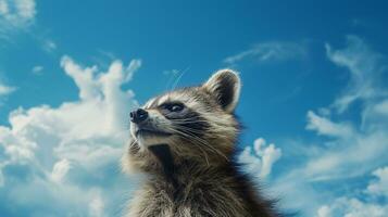 foto de un mapache debajo azul cielo. generativo ai