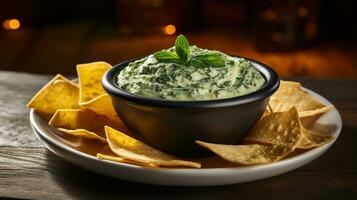 Photo of Spinach and Cheese Dip as a dish in a high-end restaurant. Generative AI