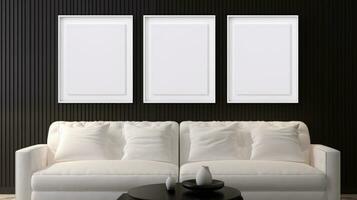 three Blank empty frame poster mockup portfolio living room presentation furniture living room photo