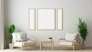 three Blank empty frame poster mockup portfolio living room presentation furniture living room photo