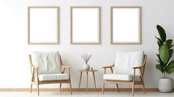 three Blank empty frame poster mockup portfolio living room presentation furniture living room photo