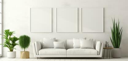 three Blank empty frame poster mockup portfolio living room presentation furniture living room photo