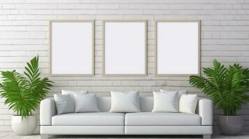 three Blank empty frame poster mockup portfolio living room presentation furniture living room photo