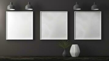 three Blank empty frame poster mockup portfolio living room presentation furniture living room photo