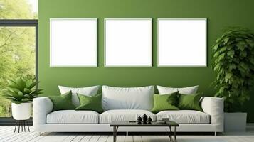 three Blank empty frame poster mockup portfolio living room presentation furniture living room photo