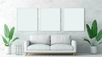 three Blank empty frame poster mockup portfolio living room presentation furniture living room photo