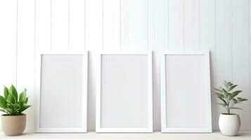 three Blank empty frame poster mockup portfolio living room presentation furniture living room photo