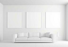 Tres blanco vacío marco póster Bosquejo portafolio vivo habitación presentación mueble vivo habitación foto