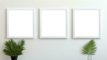 Tres blanco vacío marco póster Bosquejo portafolio vivo habitación presentación mueble vivo habitación foto